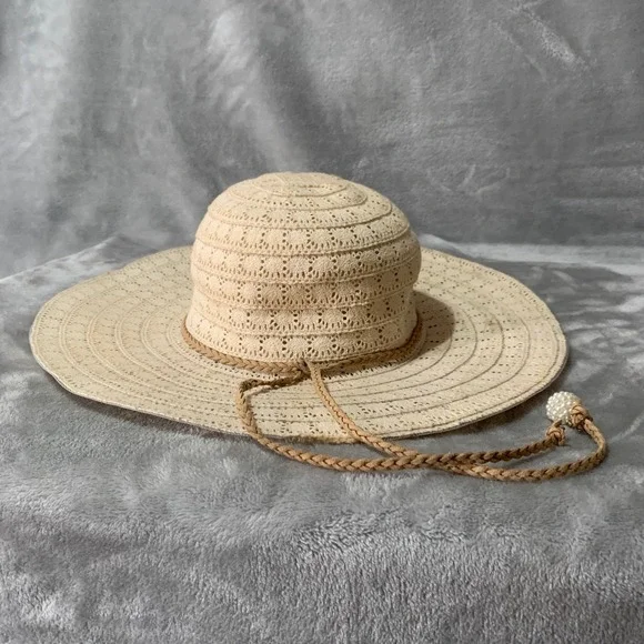 Somas Accessories Greece Beige Crochet Wide Brim Sun Hat Pearl Charm Sz 57 Lace - Picture 12 of 16